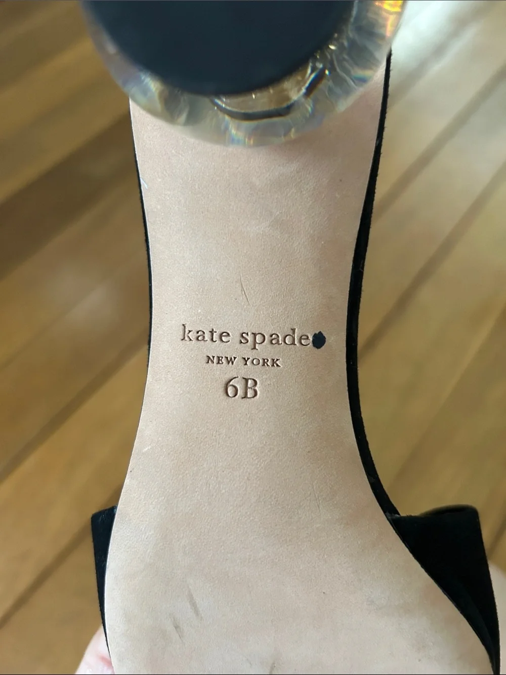 kate spade Black Suede Slide Mules Clear Round Heel Polished Slide Sandals 6B